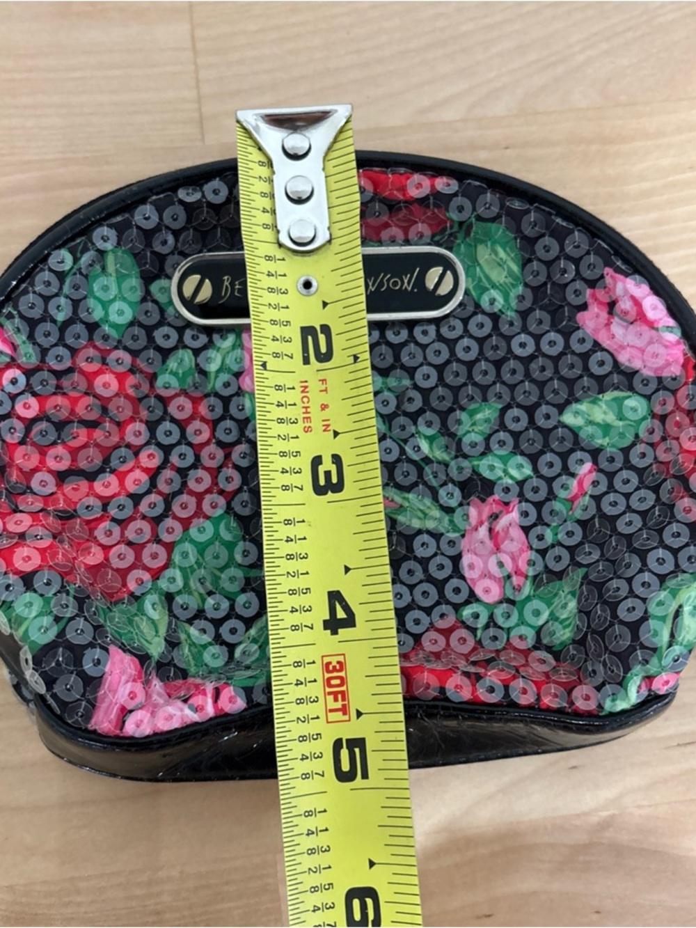 Betsey Johnson Black Cosmetic Pouch with Pink & Red Floral Sequins - Picture 6 of 7